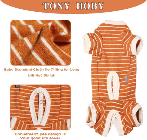 TONY HOBY Stripes Dog Pajamas for Female/Male Pets, 4 Legged Jumpsuit, Soft Cotton Clothes (XL, Orange+White-Boys)