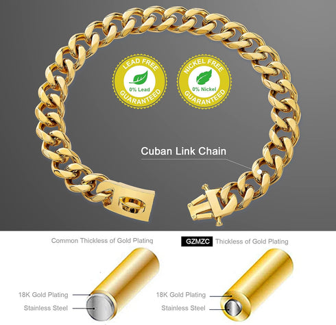 Dog Chain Collar, 19mm Snap Clasp, Stainless Steel 18K Gold Curb Chain, Pet Walking Collar (26 inches)