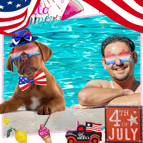Dog Independence Day Costume, 3PCS 4th July Hat, USA Stars Sunglasses, American Flag Bow Tie Collar for Medium Large
