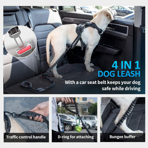 IOKHEIRA Multifunctional Leash with Car Seatbelt for Large, Medium Dogs, Adjustable 4-6 FT Strong Bungee Leash