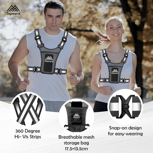 Running Vest Chest Phone Holder for Women Men, Reflective Vest Safety Gear for Dog Walking Cycling - Adjustable Waist/Shoulder