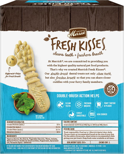 Merrick Fresh Kisses Natural Dental Chews, Toothbrush Shape Treat for Large Dogs, Infused With Real Mint, 16 ct. Box.