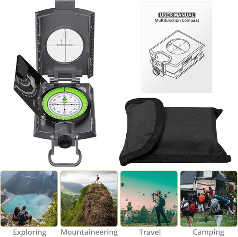 IP65 Anbte Compass Hiking Survival, Waterproof Metal Compass with Sighting Clinometer and Carry Bag, Multifunctional
