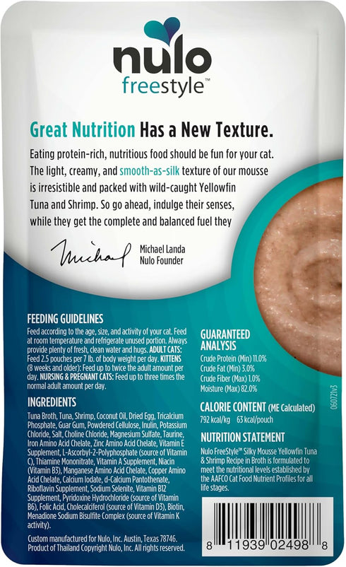 2.8oz (24 Pack) Nulo Freestyle Wet Cat Food Silky Mousse - Yellowfin Tuna & Shrimp, High Protein Grain-Free Cat Food