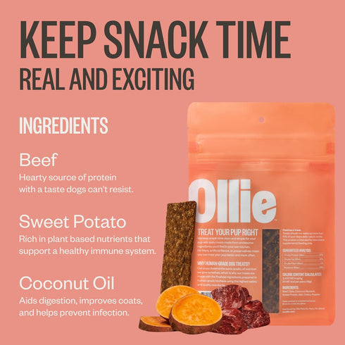 Ollie Beef & Sweet Potato Jerky Treats, 15 oz - All Natural Ingredients, Meat-First Recipe, No Preservatives
