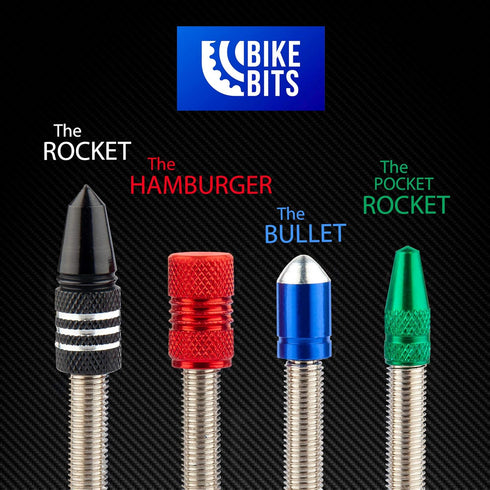 Presta Valve Caps, Anodized Aluminum, Use on Presta/French Valves, Designs: Bullet, Rocket, Hamburger (4 Pack)