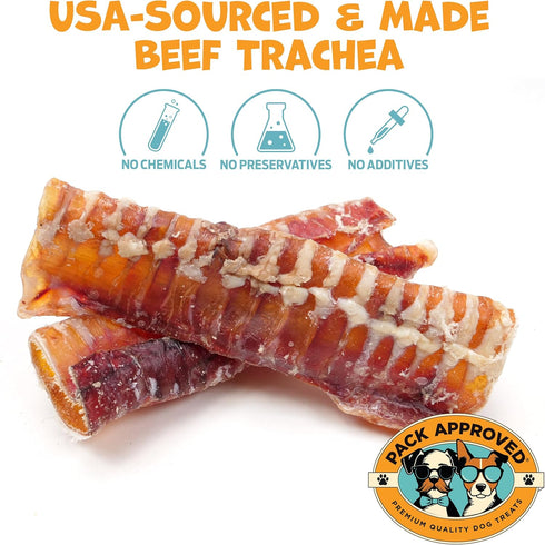 Pack 5-6" (4ct) Approved Beef Trachea - Dehydrated Beef Dog Treats Made in USA - Single Ingredient Treat w/Chondroitin
