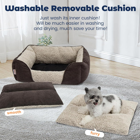 Miguel Washable Dog Bed with Removable Cushion, 30 Inch, Rectangle Bolster Cat Bed for Medium Small Dogs, Brown