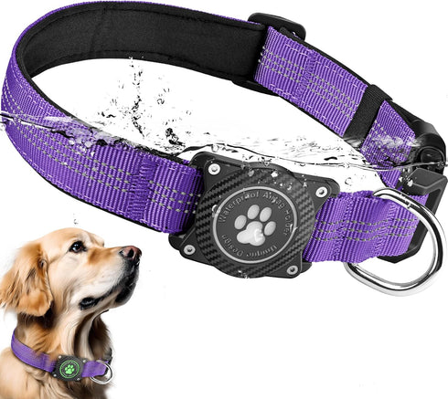 Airtag Dog Collar, Waterproof Holder, Luminous Reflective Adjustable Pet Collar for Heavy Duty Dogs, Purple, XL