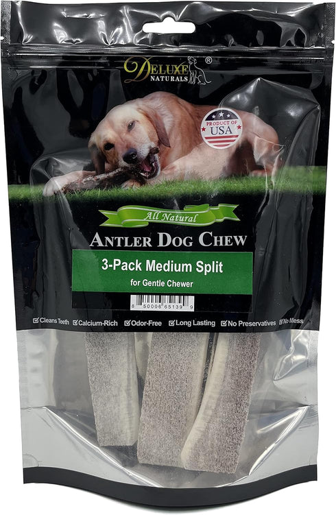 Elk Antler Chews for Dogs, 3-Pack Medium Split, Naturally Shed USA Collected Premium A-Grade