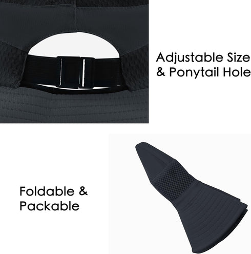 Womens Wide Brim Ponytail Sun Hat - Mesh Bucket Hat with UV UPF50 Protection for Summer Travel