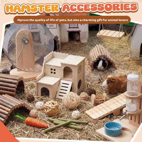 Sonwyoung 40 9.5'' Pcs Hamster Cage Accessories, Exercise Wheel, Wood Platform Hideout House, Water Bottle, Sand Bath