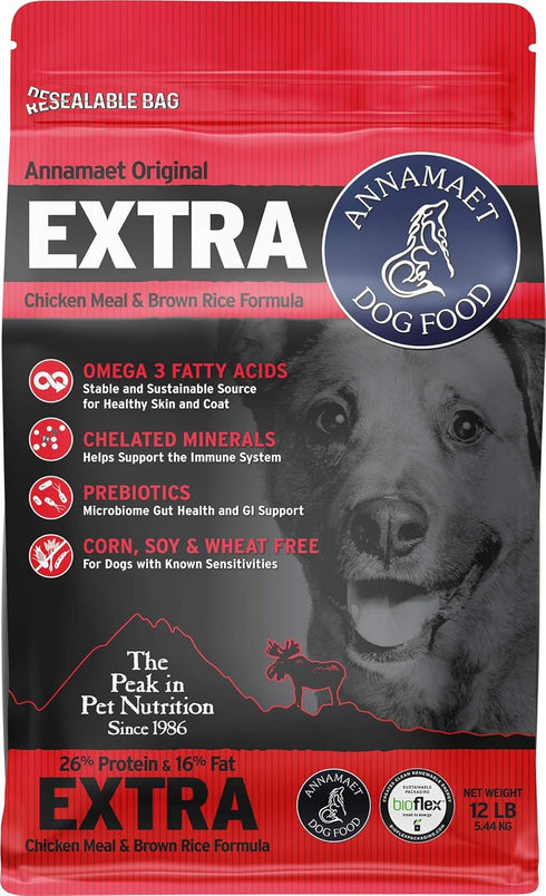 Annamaet Original Extra Formula Dry Dog Food, 12-lb Bag, 26% Protein, Chicken & Brown Rice