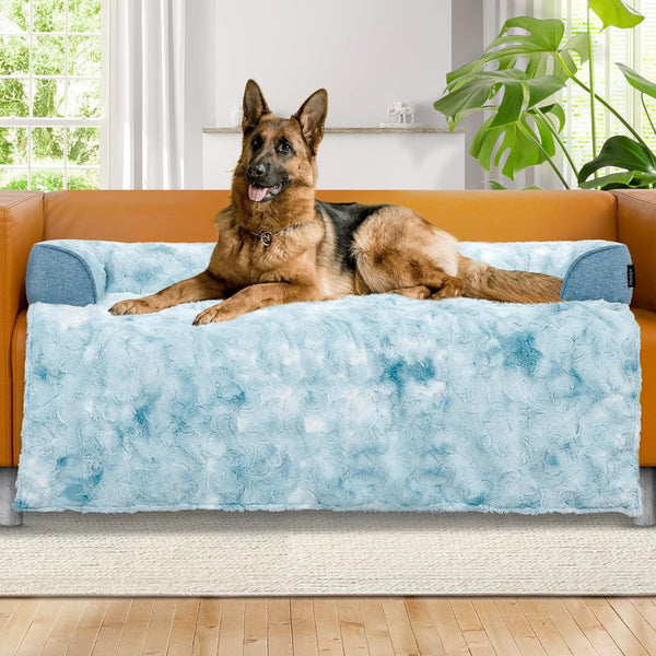Dog Couch Bed for Large Dogs, XL Tie-dye Blue Faux Fur Waterproof Bed, Calming Washable Memory Foam, 45x37 Inches