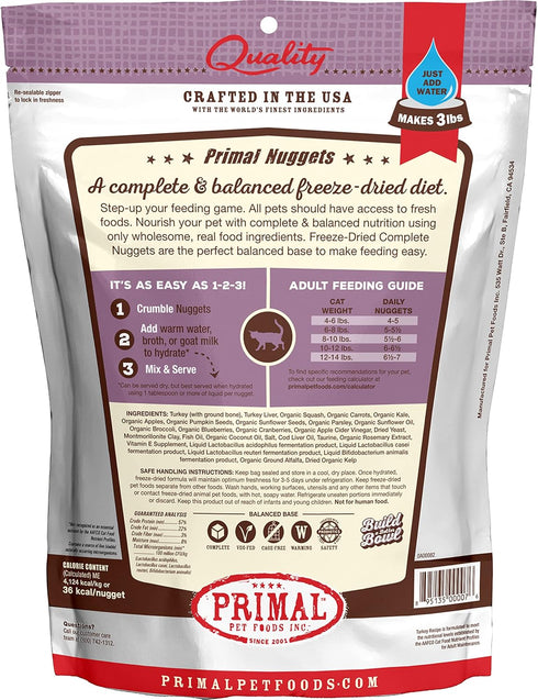 Primal Freeze Dried Cat Food Nuggets Turkey, Complete & Balanced Meal or Topper, 14 oz