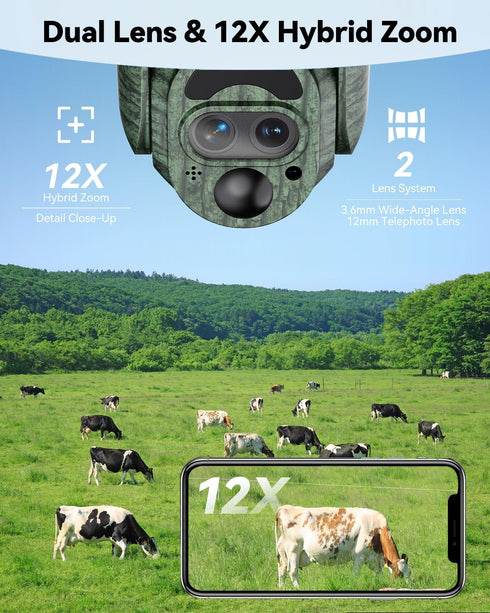 SEHMUA 4G 12X 2K 360 Cellular Trail Cameras, LTE Cellular Security Camera with Hybrid Zoom View Live Video, Unlimited