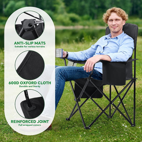 BALAPET Folding Padded Camping Chair with Cushion, Large Padded Outdoor Chair with Cup Holder Storage and Cooler Bag