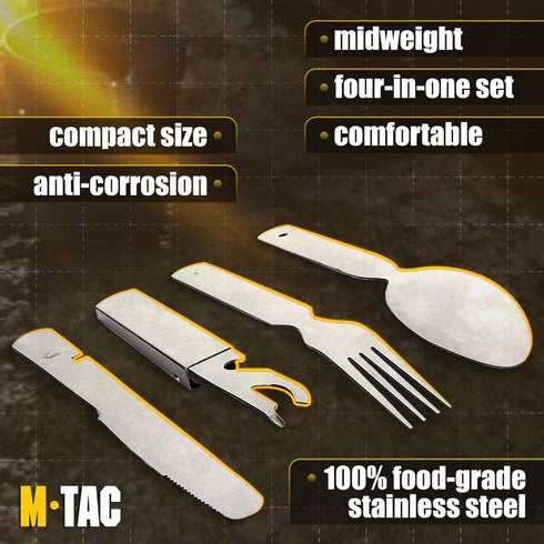 M-Tac 4 in 1 Camping Military Flatware Set - Portable Stainless Steel Travel Cutlery Tools