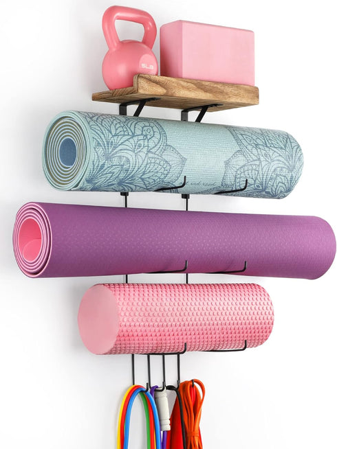 Yoga Mat Holder Accessories, Wall Mount Organizer with 4 Hooks, Storage Rack for Foam Roller, Towel, Yoga Mats