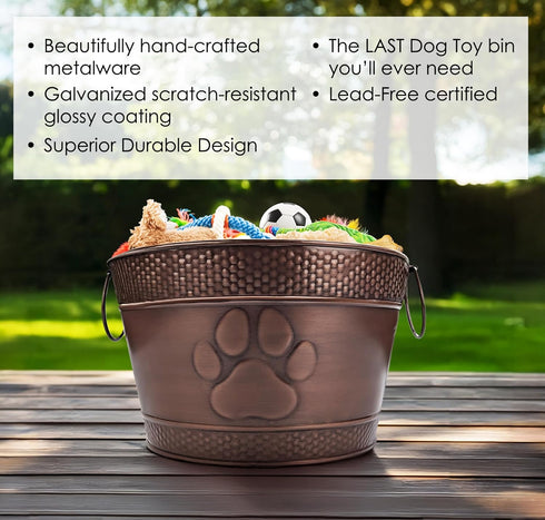 Metal Indestructible Dog Toy Bin - Farmhouse Organizer Storage Basket for Pet Toys, Blankets, Leashes, Lead-Free Copper