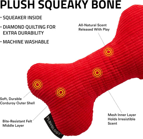 Playology Dog Toys | Plush Squeaky Bone Chew Toy for Dogs | Medium Beef Scented Toy - Easy to Clean and Made from Non