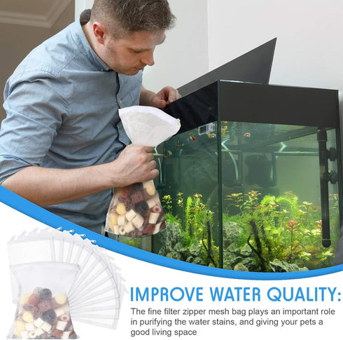 Geiserailie 15 Pieces Aquarium Filter Media Bags, 150 µm Fine Mesh Reusable Bags with Zipper