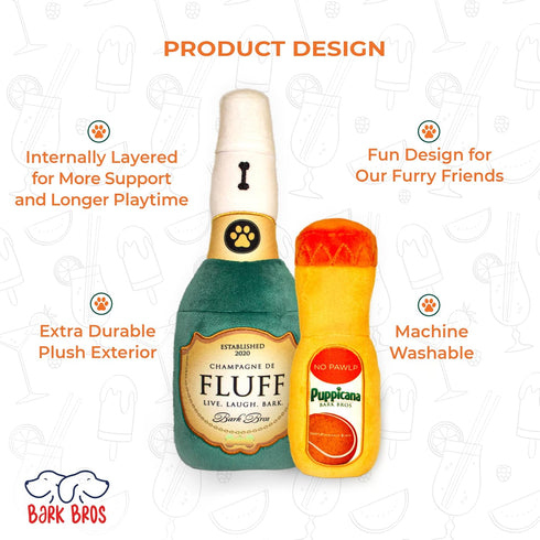 Bark Bros - Paw-mosa Mimosa Plush Squeaky Dog Toy Bottle Parody Two Pack, Cute Dog Birthday Gifts