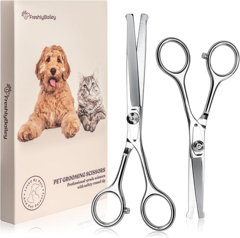 Pet Grooming Scissors Set with Round Tips for Dogs & Cats, Professional Shears for Safe Fur Trimming (Set of 2)