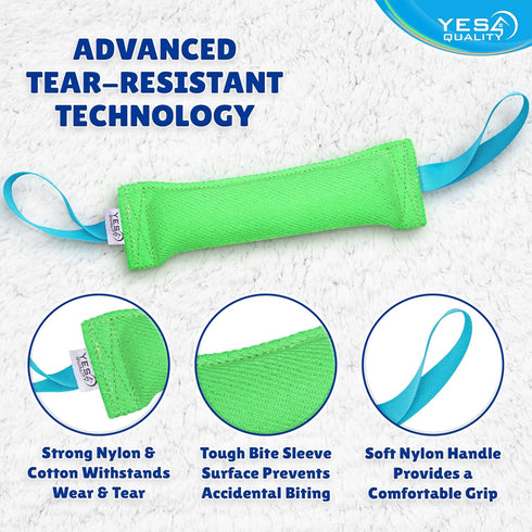 YES4QUALITY Durable Dog Bite Tug Toy (11.8"x3.5"), Green Pull Toy with Blue Handles for Small Medium Dogs
