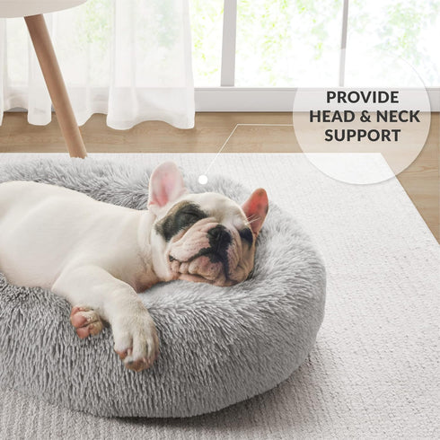 Friends Forever Grey Serena Donut Memory Foam Orthopedic Dog Bed, Soft Faux Fur Oval Cat Couch, Machine Washable