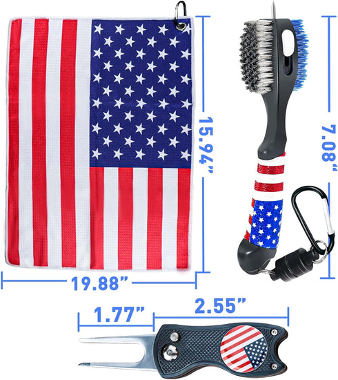 Golf Club Brush and American Flag Golf Towels, Cleaning Kit, Golf Accessories Cleaner Tool with Strong Magnet