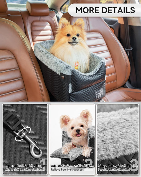 PETSFIT Center Console Dog Car Seat with Safety Hooks, Washable Cushion for Small Dogs Up to 9 Lbs (Black)