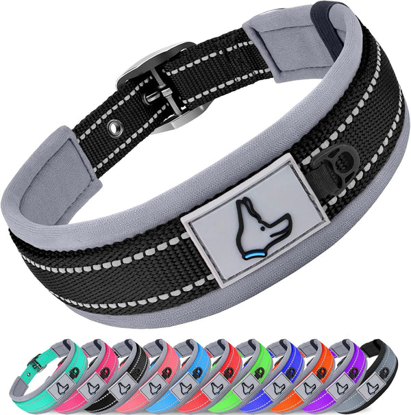 Joytale Neoprene Padded Dog Collar for Large Dogs, 11 Colors, Reflective Wide Adjustable Heavy Duty Nylon Collar, Black