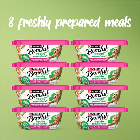 (Pack 8) 10 oz. Purina Beneful Dog Food Freshly Prepared Meals Beef and Chicken Medley with Green Beans, Carrots