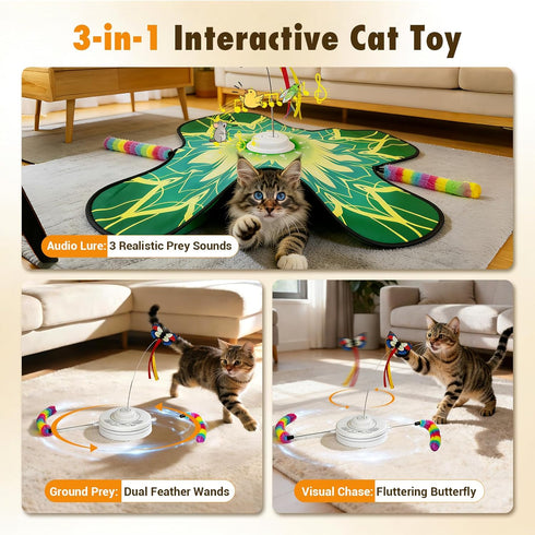 Paleclouds 3-in-1 3 Hide and Seek Cat Toy Mat, Interactive Cat Toys for Indoor Cats with Fluttering Butterfly & Moving