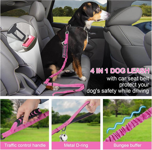 Tactical Heavy Duty Dog Leash, 4-6FT Shock Absorbing Bungee with 2 Padded Handles for Medium Large Dogs, Pink