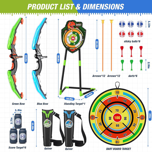 2 Pack 29" Set 24 3 4 5 6 7 8 9 10 11 12 HYES Kids Bow and Arrow with Large Dart Board, LED Light Up Archery