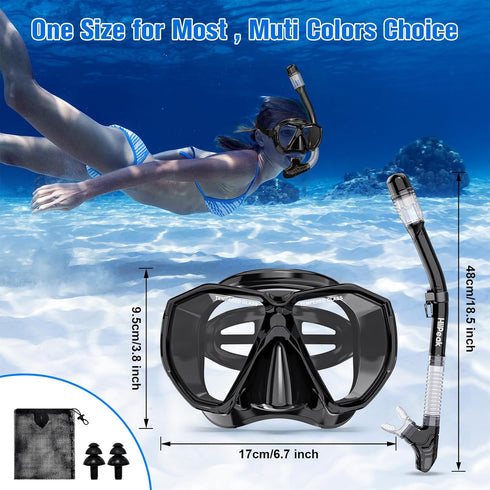 HiiPeak Snorkeling Gear for Adults, Dry Snorkel Set with Panoramic Wide View Diving Scuba Mask and Nose Cover