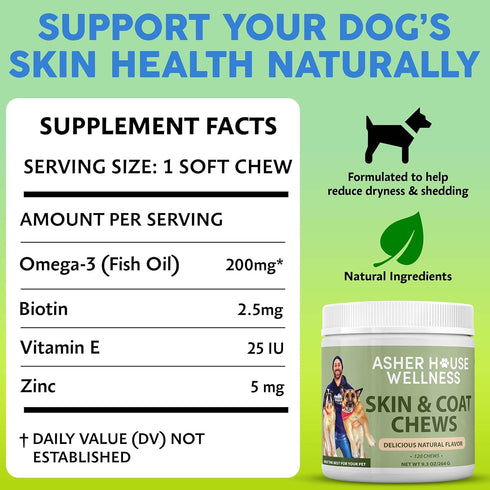 3, 6, 9, 120 Asher House Wellness Skin & Coat Chews - Dog Itching Skin Relief with Omega Fish Oil, Biotin - Dogs Itchy