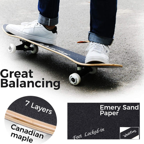 WhiteFang Complete Skateboard 31 x 7.88 for Beginners, 7 Layer Canadian Maple Double Kick Concave Standard and Tricks