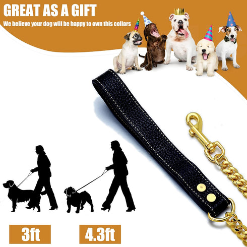 Gold Dog Chain Leash; 3FT 18K Gold Stainless Steel 10mm Cuban Link with Comfortable Leather Handle for Dogs (G)