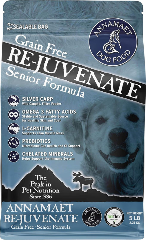 Annamaet Grain-Free Re-Juvenate Senior Dry Dog Food, Fresh Silver Carp & Turkey, 5-lb Bag, Brown