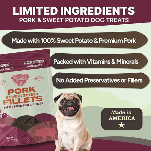 6 oz Gaines Family Farmstead Pork & Sweet Potato Fillets for Dogs Pouch, Tastes Like Bacon! Chewy, Natural, Grain-Free