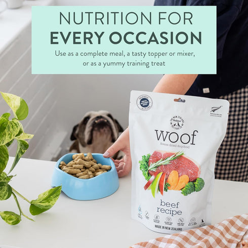 WOOF Freeze Dried Dog Food, Beef Recipe, High Protein, Complete Diet, Dog Food Topper, Mixer, or Treats, 9.9 oz