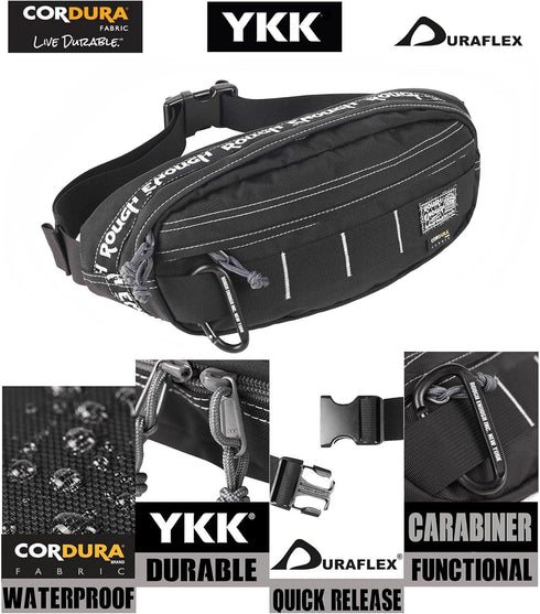 Rough Enough Men's Fanny Pack, Tactical Crossbody Waist Pack Bag for Hunting, Hiking, Fishing, Black Cordura