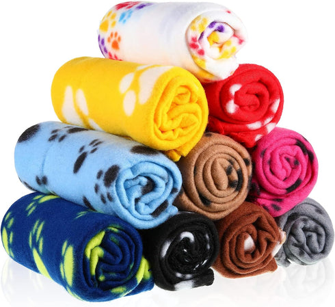 10 Pieces Pet Blankets with Paw Print, Dog Cat Soft Fleece Blankets, Sleep Mat Pad Bed Cover for Kitten Puppy, 24 x 28