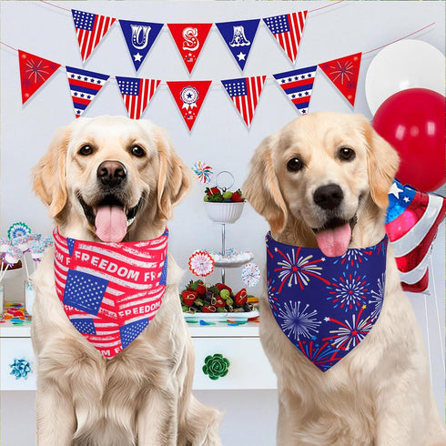 QUQULE 4th 2PCS, 4 of July Dog Bandanas XLarge Pattern American Flag Patriotic Scarf for Boy and Girl, Durable Triangle