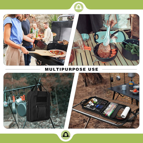 Hanging Camp Utensil Organizer with Towel Paper Holder, Portable Camping Kitchen Cookware Bag for Outdoor Cooking