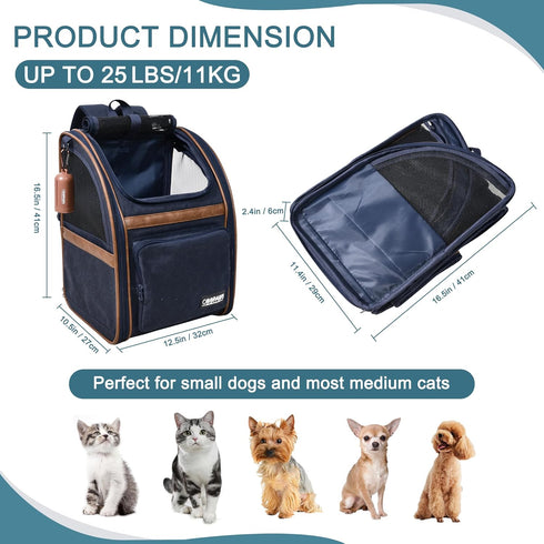JESPET & GOOPAWS Collapsible Pet Carrier Backpack for Dogs and Cats, Breathable Mesh for Hiking and Camping (Navy Blue)