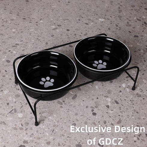 Porcelain Raised Cat or Small Dog Bowls - Heightened Metal Stand with Non-Slip Bottom, 15 Ounces (Black)